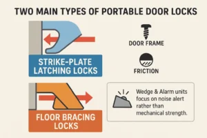 This visual clarifies how portable door locks protect your room differently: strike-plate locks secure by anchoring to door frame screws, while floor bracing locks transfer force to the floor. Understanding this distinction helps you pick a lock that suits your door type and security needs.