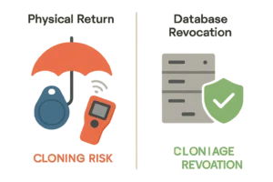 This visual clarifies that merely returning a physical key fob does not eliminate security risks because cloning can bypass physical possession. Immediate database-level deactivation within your access control system is essential for security.