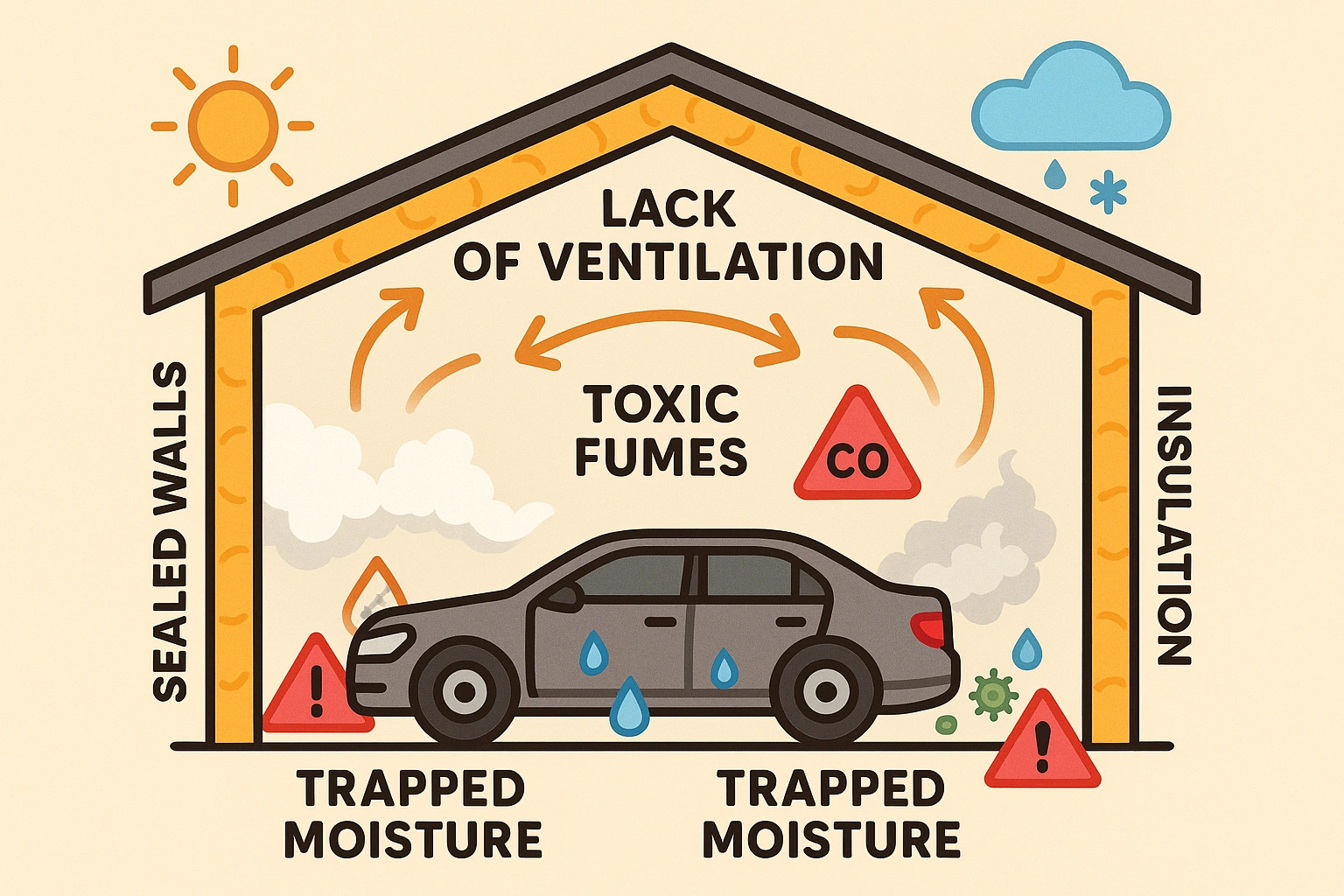 Sealing your garage without proper ventilation traps harmful fumes, moisture, and heat—creating an unsafe, uncomfortable environment that can damage your health and property.