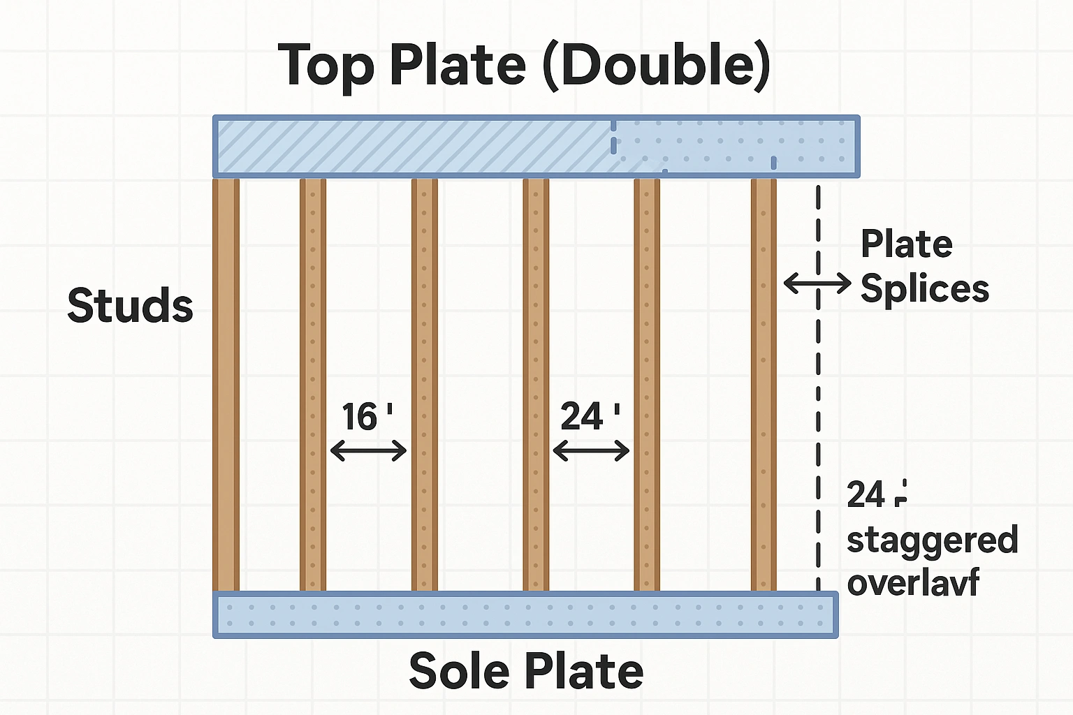 Illustrates the essential layout and relationships of plates and studs in garage wall framing, clarifying on-center spacing, double top plate splicing, and creating a perfectly square frame.