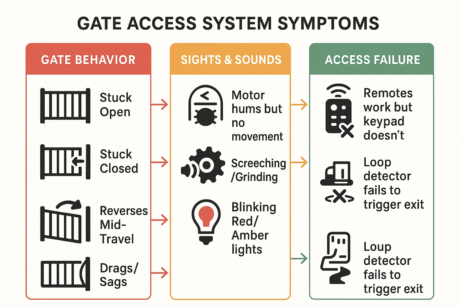 This symptom diagnostic matrix helps users quickly identify their gate's problem by visually categorizing common issues into behavior, sensory signs, and access failures, enabling targeted troubleshooting.