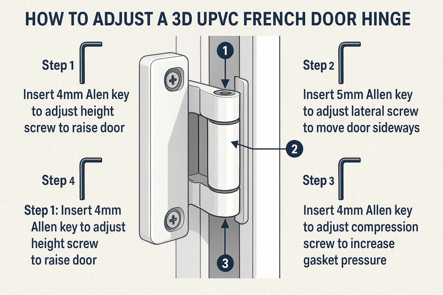 Follow these simple steps to adjust your uPVC French door hinges and fix common sagging or sticking issues without damaging the door.