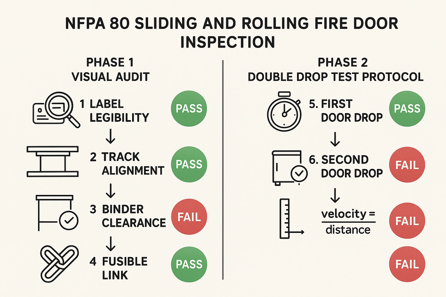 A clear procedural guide illustrating the two-phase NFPA 80 inspection protocol specifically adapted for sliding and rolling fire door types, making complex compliance steps easy to follow.