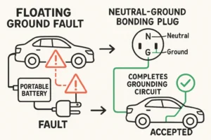 This visual explains the common technical barrier of floating ground fault errors with portable EV chargers and demonstrates how a neutral-ground bonding plug safely solves the issue, demystifying the electrical safety logic for readers.