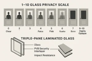 This image visualizes how different decorative glass textures balance light transmission and privacy while explaining the advanced laminated glass technology that provides enhanced security for glass doors.