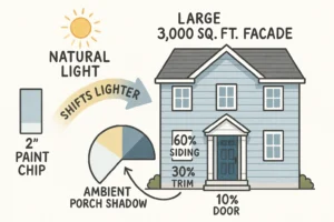 This visual breaks down the practical workflow of selecting front door colors using digital tools, guiding homeowners through AI conceptualization, exact brand matching, and physical calibration to reduce decision anxiety.