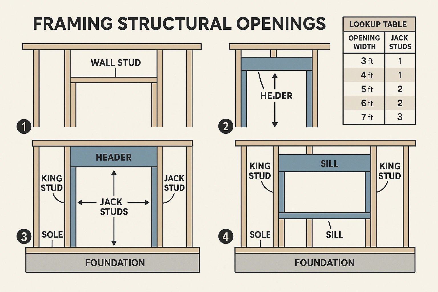 Breaks down the process of framing structural openings with headers, highlighting how jack and king studs support loads and providing a practical stud count reference for openings.