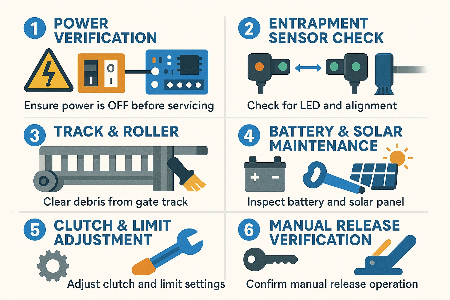 A clear and approachable workflow infographic guiding users through safe, technical maintenance tasks to troubleshoot and calibrate gate access systems, empowering DIY fixes with safety cautions.
