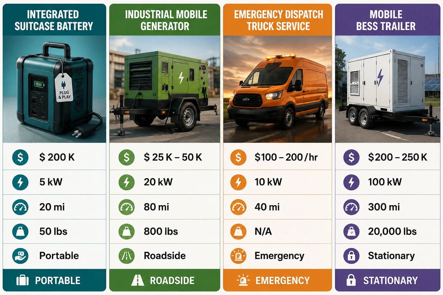 This infographic summarizes mobile EV charging options by comparing physical form factors, economics, charging power, and typical users, giving readers a memorable visual anchor to confidently compare diverse solutions.