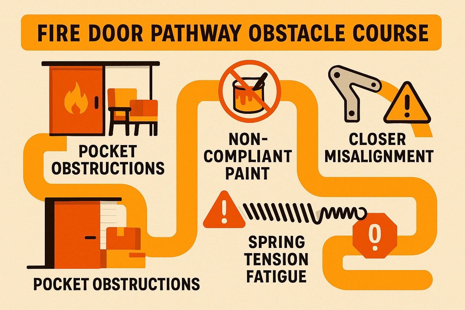 An anatomical breakdown of specialized fire doors illustrating key components and their functions, helping readers visualize complex assemblies like sliding and rolling fire doors beyond traditional swinging doors.