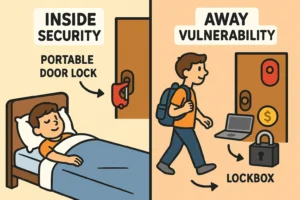 Remember the unique dorm security dilemma: portable locks protect you while inside but don’t secure your belongings when you’re away. This visual anchors practical alternatives like lockboxes to secure valuables in your absence.