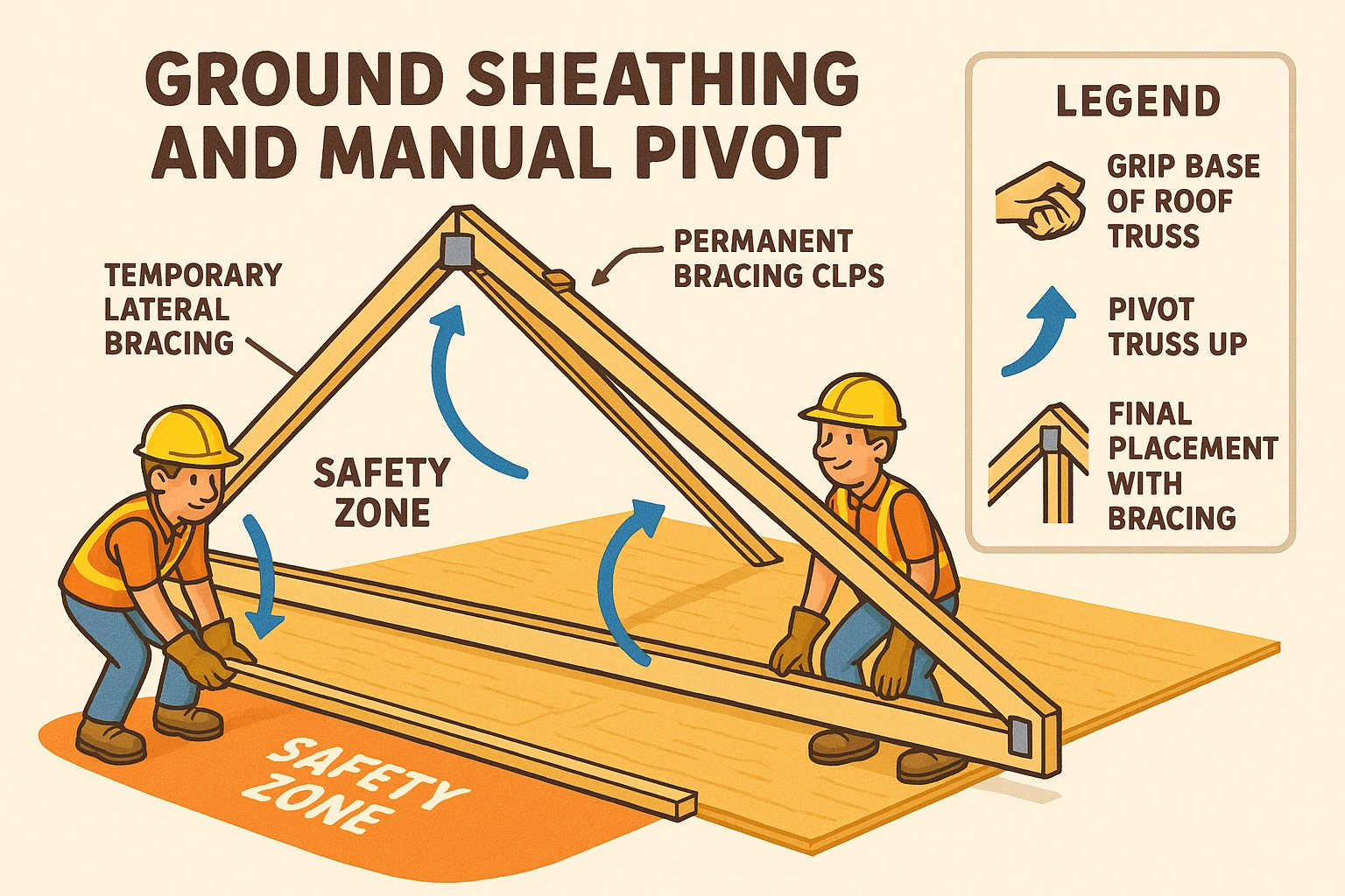 A visual mnemonic for the manual truss setting technique, simplifying a dangerous step into a clear, safe sequence and reinforcing proper bracing practices.