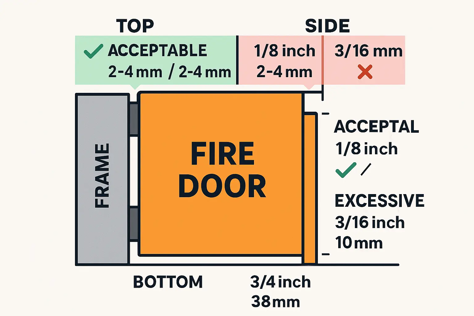 This diagram clarifies how to measure fire door clearances and visually distinguishes compliant gaps from excessive ones based on US and UK standards. Understanding and applying these specific clearance limits ensures fire doors maintain their rated performance during a fire or smoke event.
