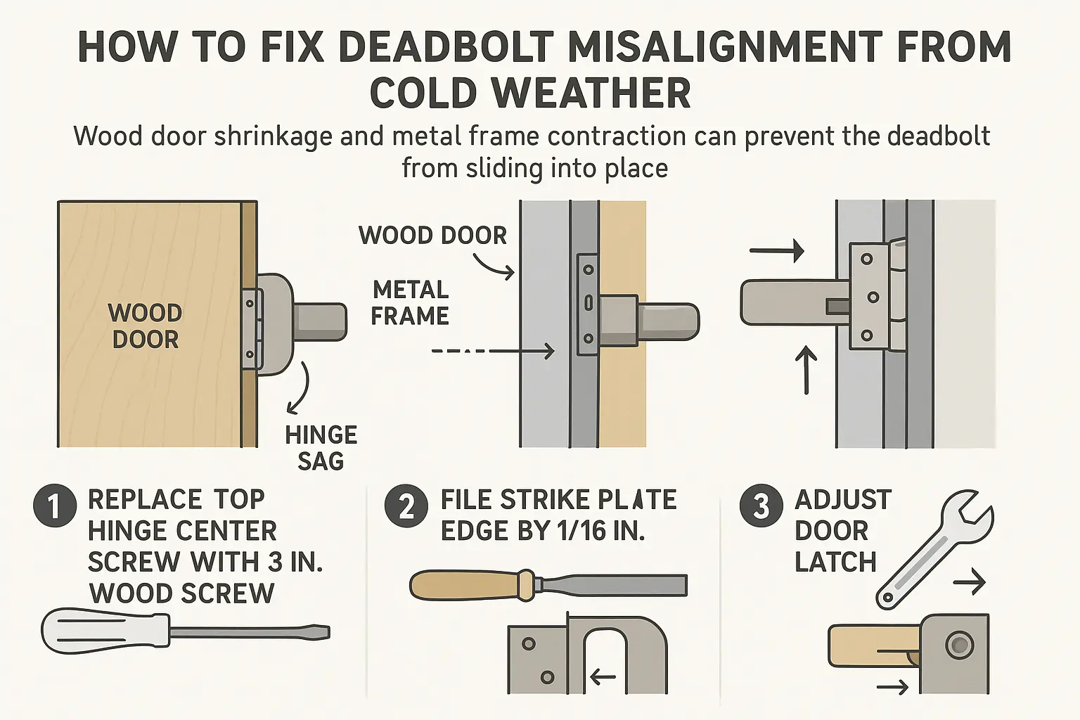 Fixing Deadbolt Alignment: A clear, 3-step DIY guide to realigning doors and strike plates for smooth deadbolt operation during winter, reducing the need for costly locksmith services.