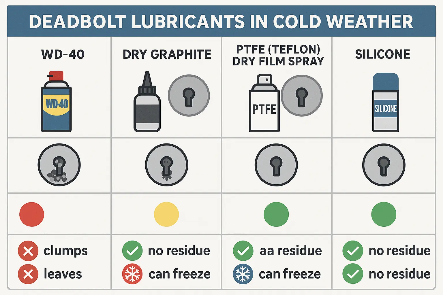 Choosing the Right Lubricant: A memorable visual comparison guiding homeowners to avoid damaging lubricants like WD-40 and graphite, and instead select effective, professional-grade PTFE sprays for winter deadbolt maintenance.