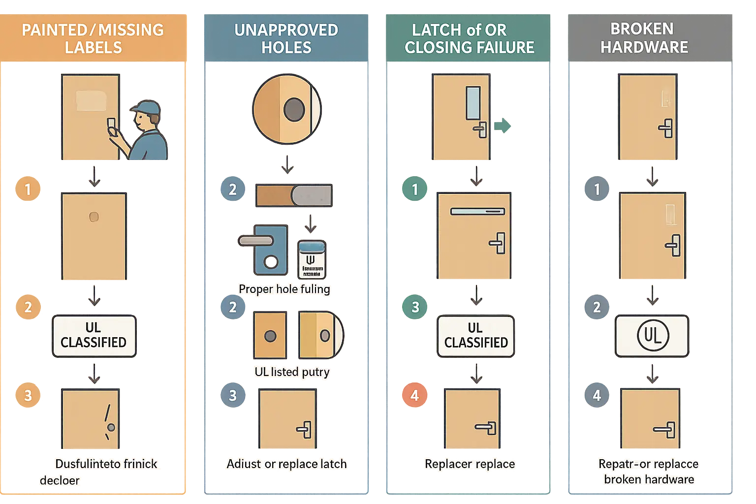 This visual breaks down the repair process for the five most common fire door deficiencies, showing clear, actionable steps from deficiency identification to NFPA 80-compliant remediation and certification. It empowers facility managers to understand how to resolve issues effectively.