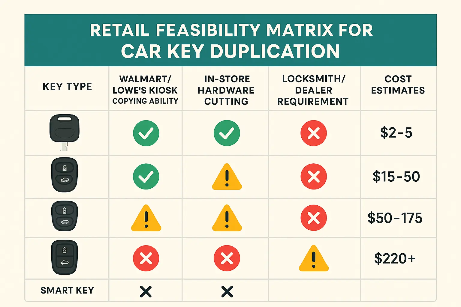 Step-by-step guide to where and how different car key types can be duplicated or programmed, with clear indicators of DIY options and professional service needs.
