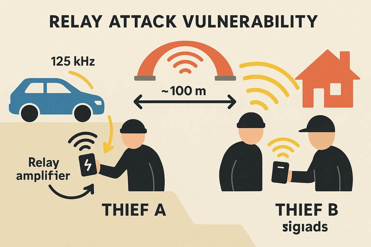 This infographic anchors understanding of a relay attack by visually breaking down how attackers intercept and extend signals to fraudulently unlock and start vehicles.