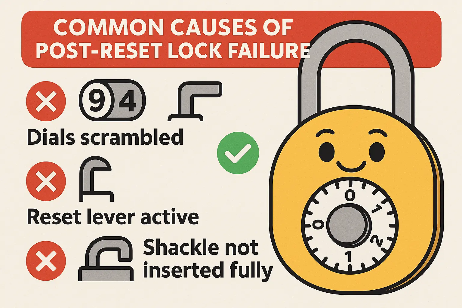 This infographic helps users quickly diagnose why their Master Lock padlock won't lock after a reset and shows simple corrective actions to restore proper function.