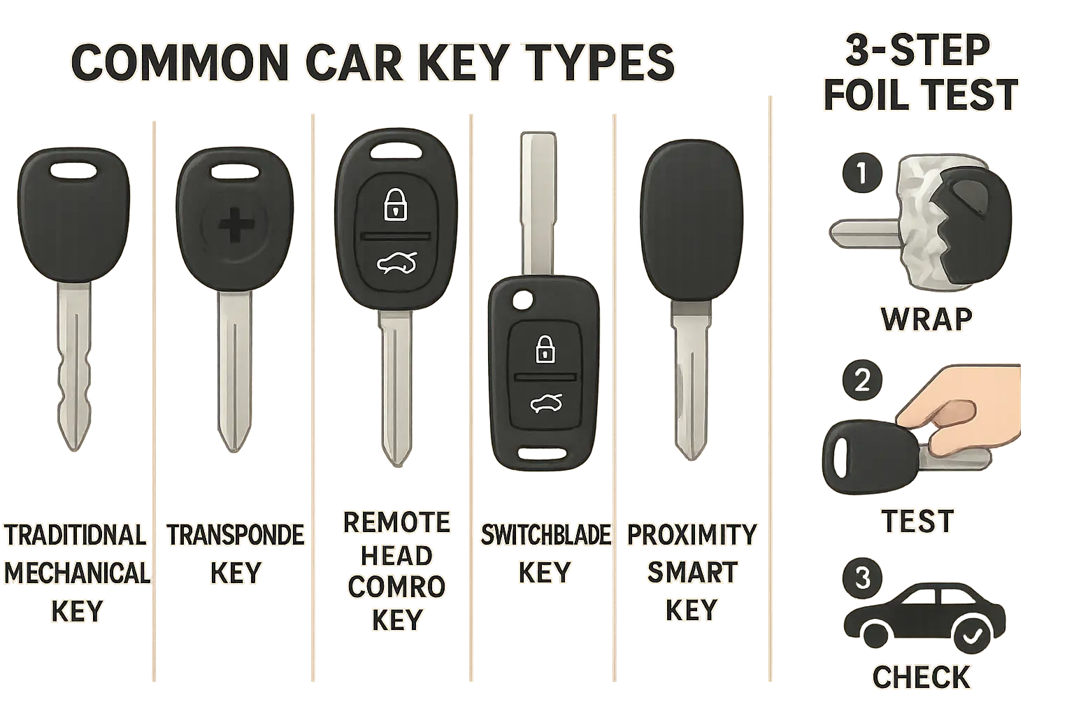 Visual comparison of car key types with a simple 3-step Foil Test to instantly identify transponder keys by blocking their RFID signal.