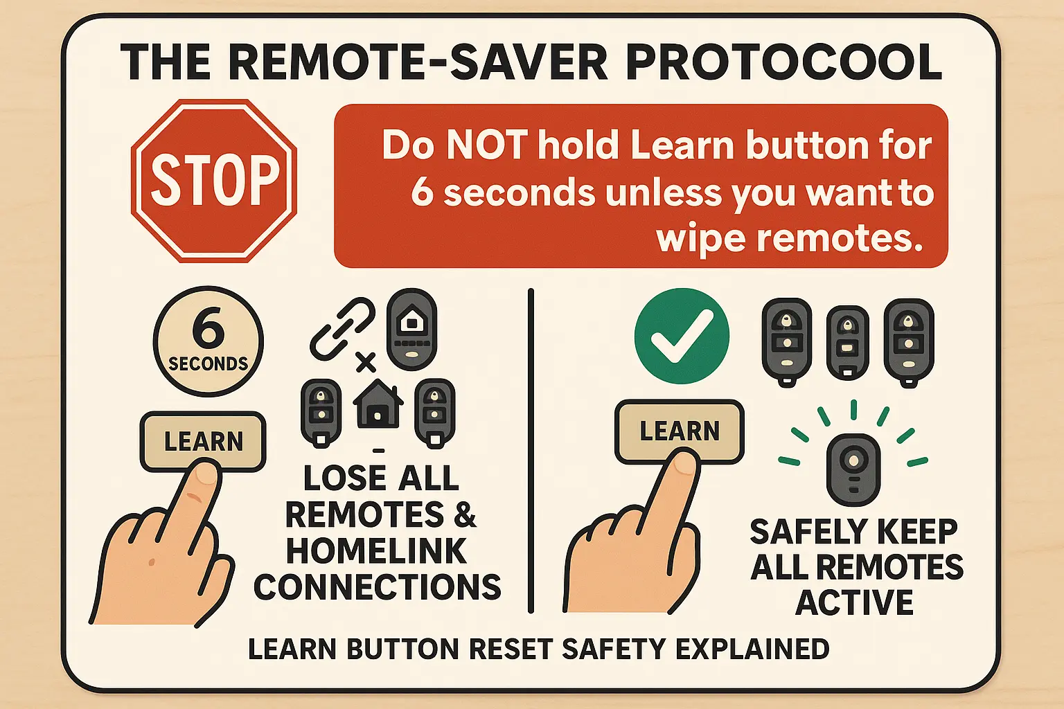 This visual clarifies the critical difference between the hard reset (6-second hold) that erases all remotes and the safe overwrite method (single press) that preserves remote controls, helping users avoid costly mistakes.