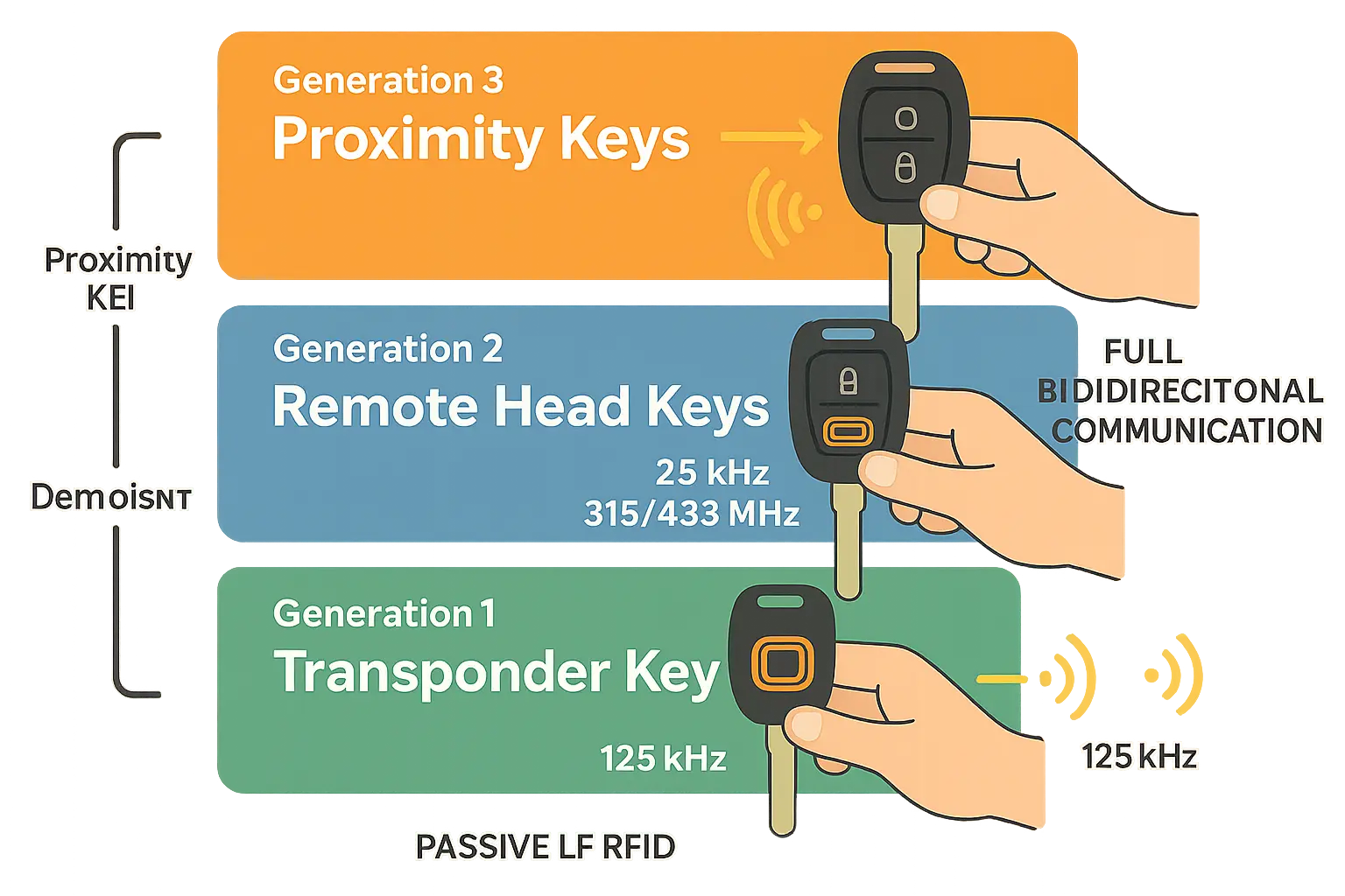 This infographic clarifies how automotive key technology evolved from simple passive transponder RFID keys to advanced dual-frequency proximity systems enabling keyless entry and start.