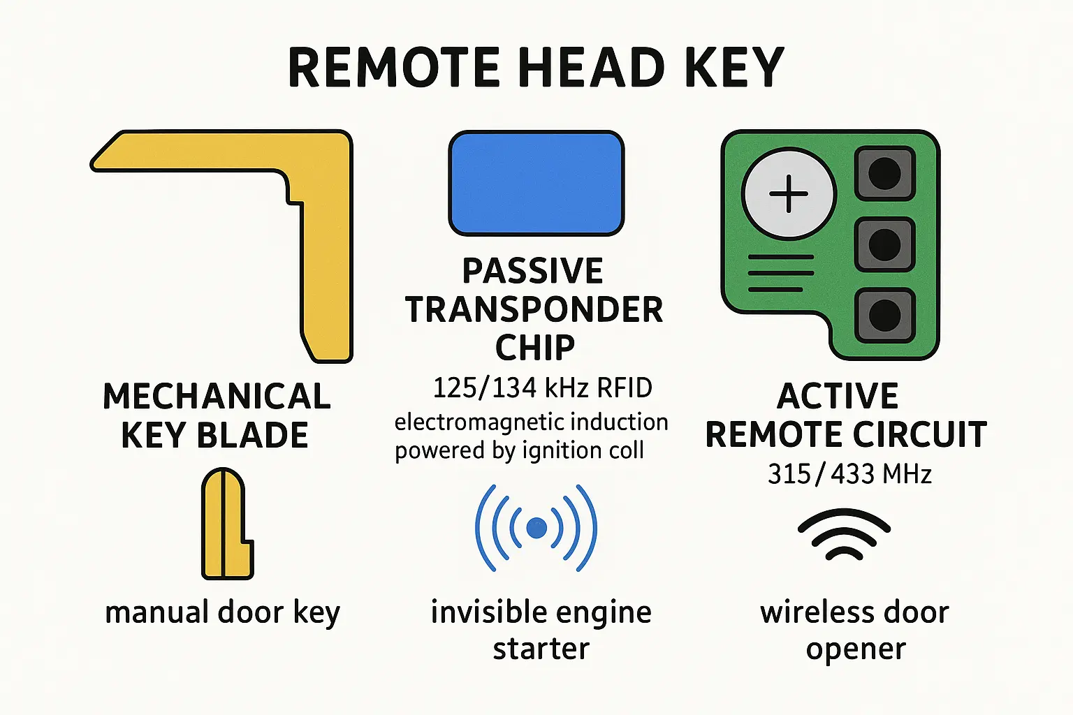 Understanding the anatomy of a remote head key clarifies why the key blade can start your car even when remote buttons fail: the passive transponder communicates independently from the battery-powered remote functions.