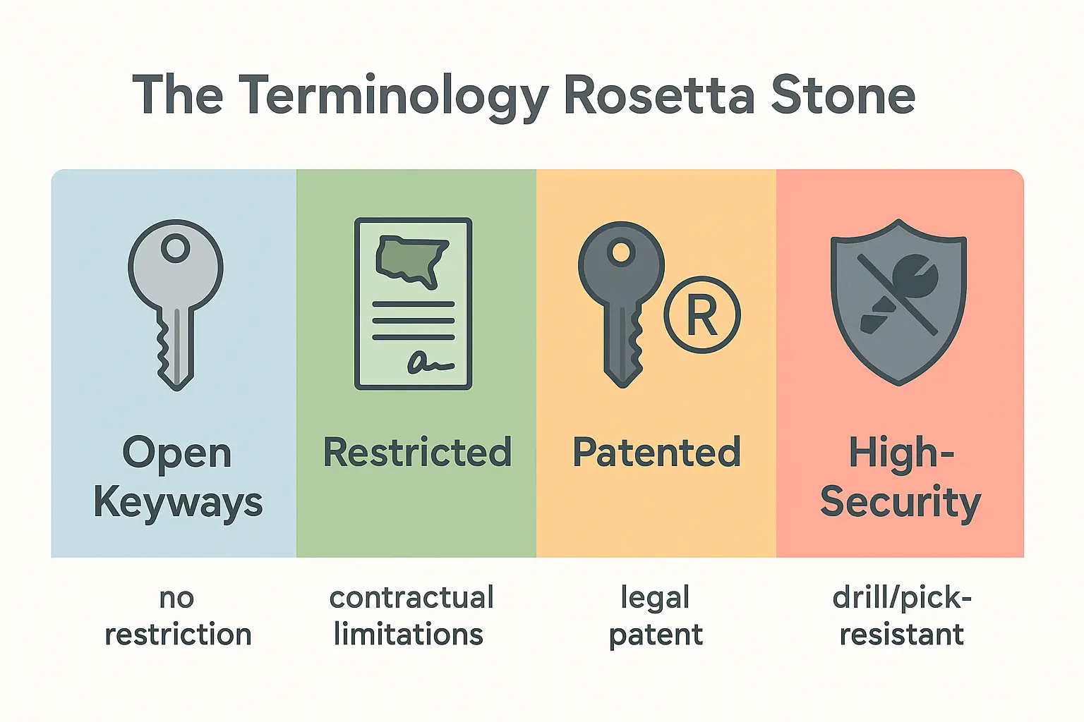 This Terminology Rosetta Stone diagram clarifies the key differences between restricted, patented, and high-security keyways, illustrating levels of legal and physical protection to help businesses choose the right security option.
