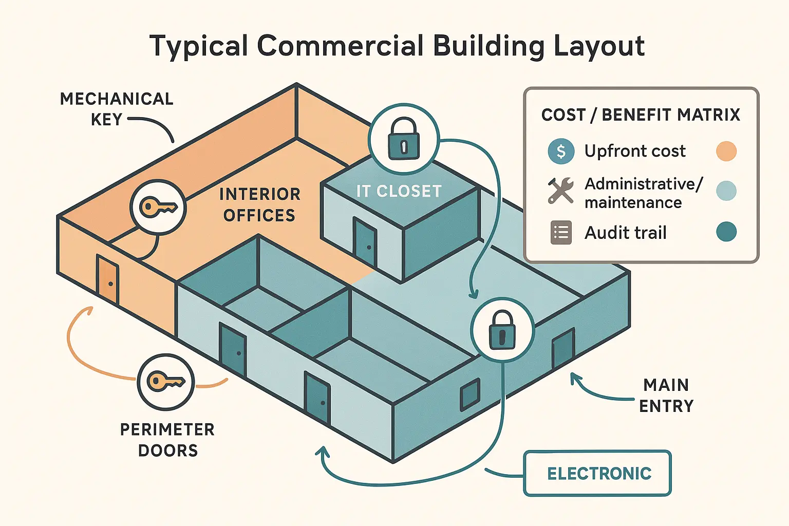 This Hybrid Security Blueprint infographic educates businesses on combining restricted mechanical keys and electronic access for cost-effective, scalable security tailored to different building zones.