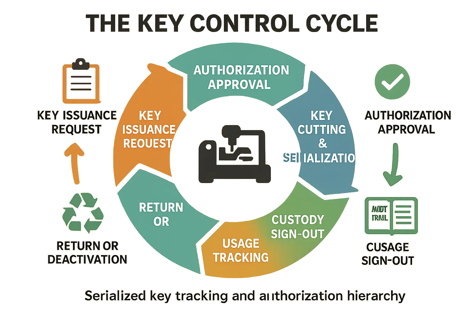 This Key Control Cycle mnemonic visually anchors the essential steps of managing restricted key authorization and tracking to reduce administrative burdens and prevent unauthorized duplication.