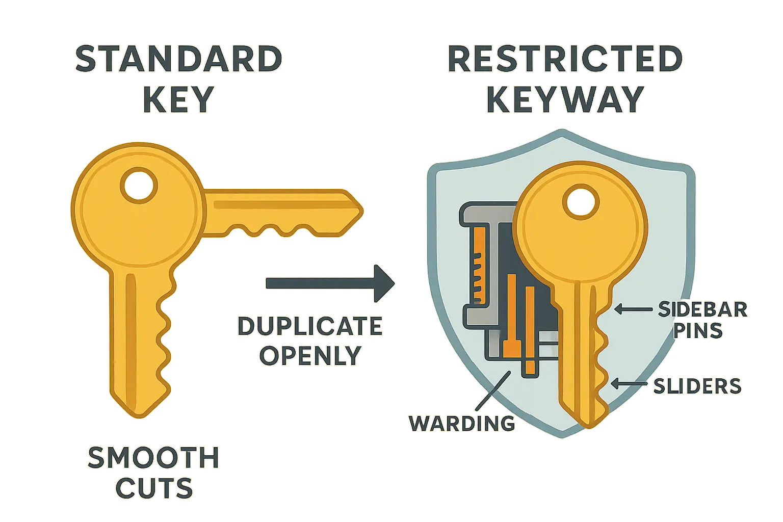 Visualizing how restricted keyways incur higher initial costs but drastically reduce long-term rekeying expenses, helping businesses save money over time despite staff turnover.