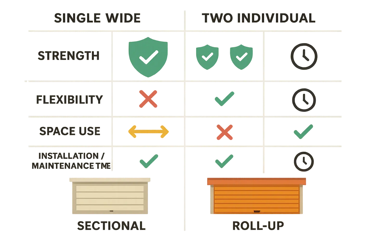 Visual comparison of two-car garage door configurations: single wide door versus two individual doors, introducing layout options and door styles for easier planning.