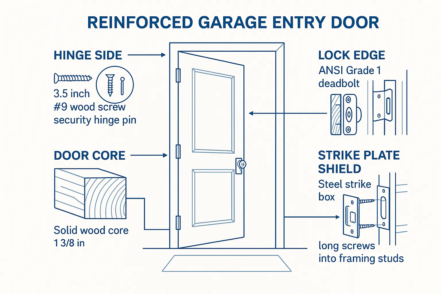 The 4-Point Hardening Blueprint breaks down the garage entry door into its critical physical security zones, making it clear how each part must be reinforced to stop an intruder.