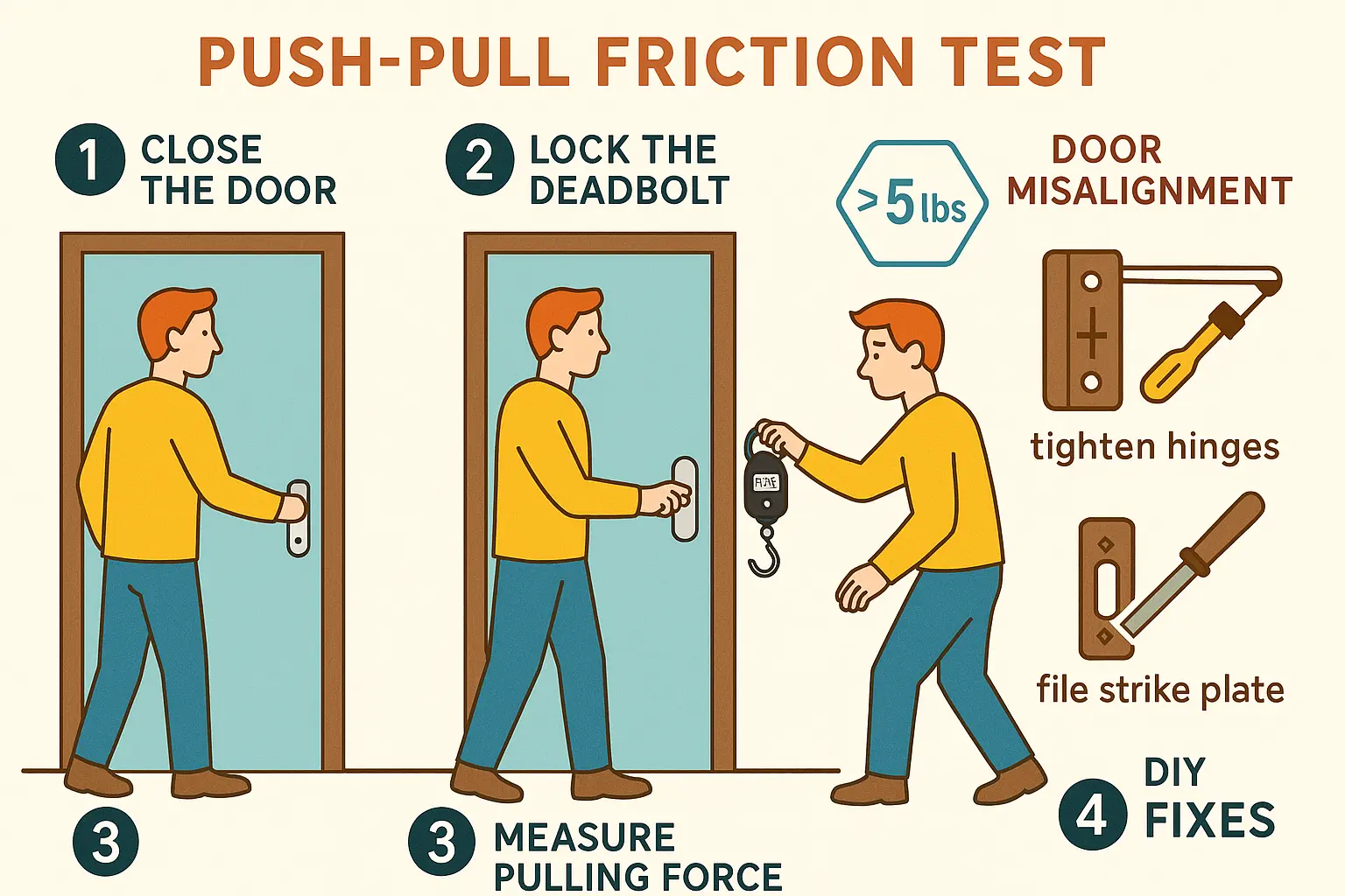 Interactive guide to detect door misalignment causing latch binding, explaining how to measure door closing force and apply quick fixes before installing a smart lock.