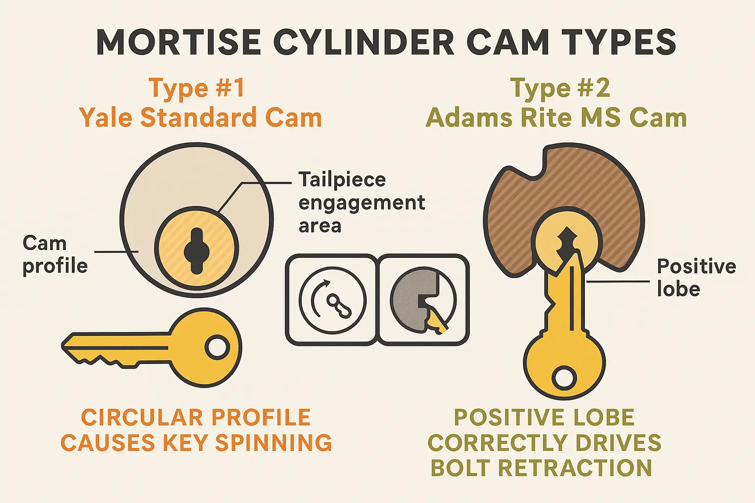 Visual comparison of Type 1 Yale Cam vs Type 2 Adams Rite MS Cam