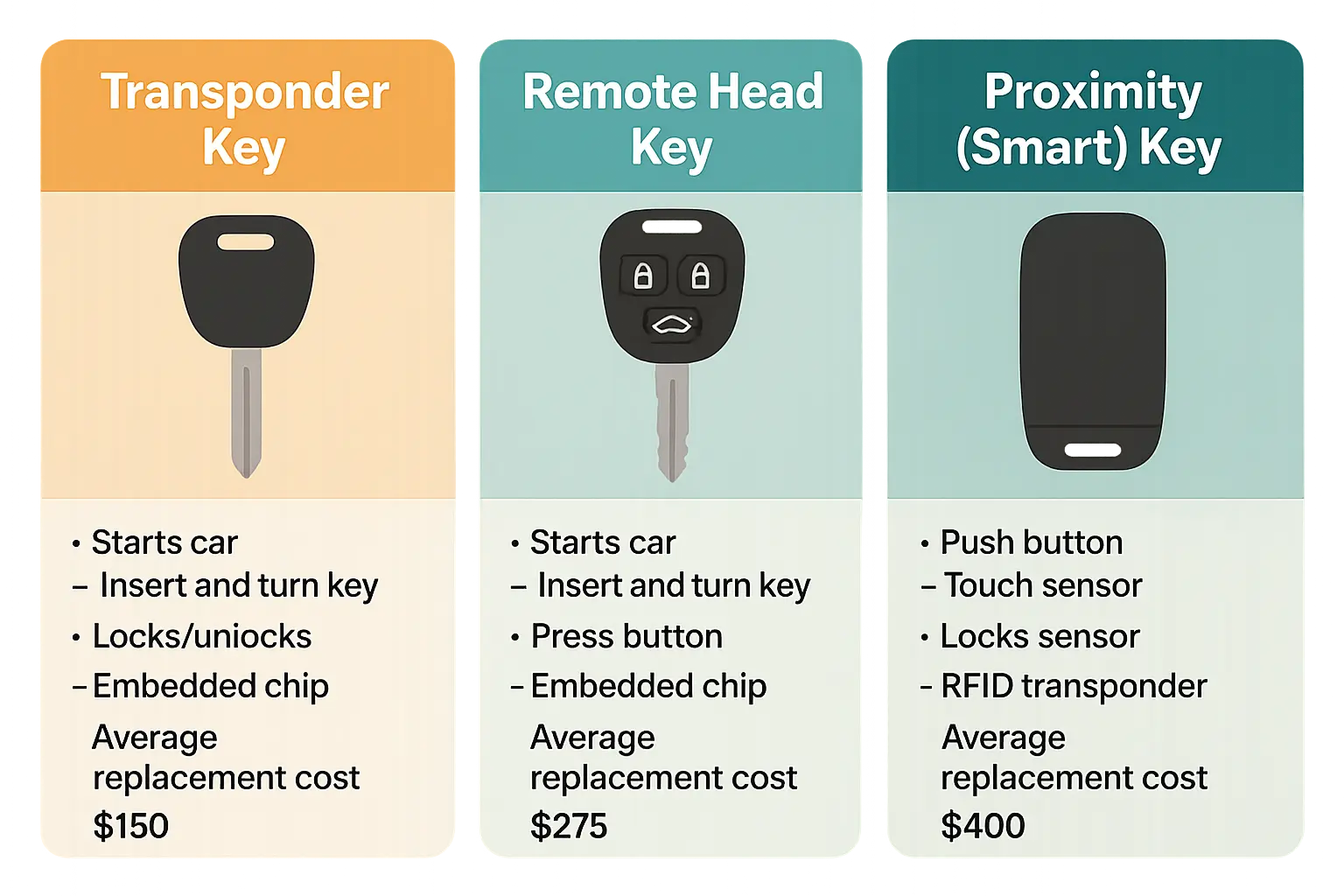 This infographic breaks down the three main car key types, helping identify which key you own by showing physical features and electronic functions in a simple side-by-side comparison.