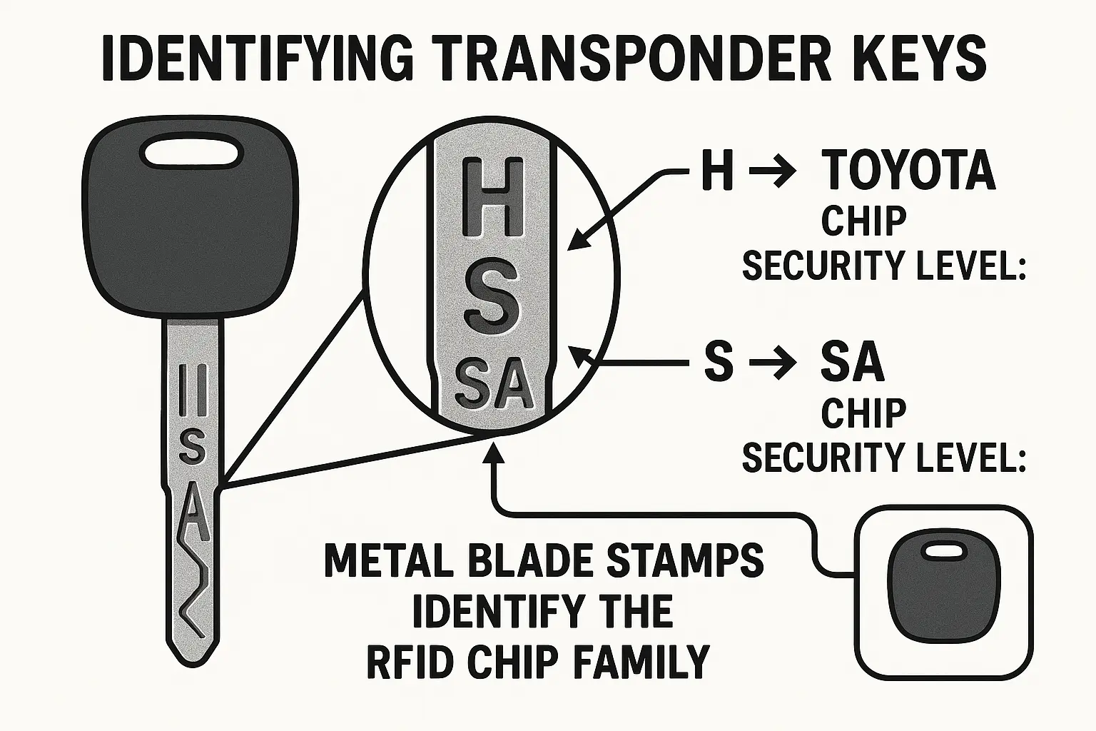 Find the secret metal blade stamps on your transponder key to determine the exact transponder chip inside, giving you diagnostic certainty before replacement or programming.