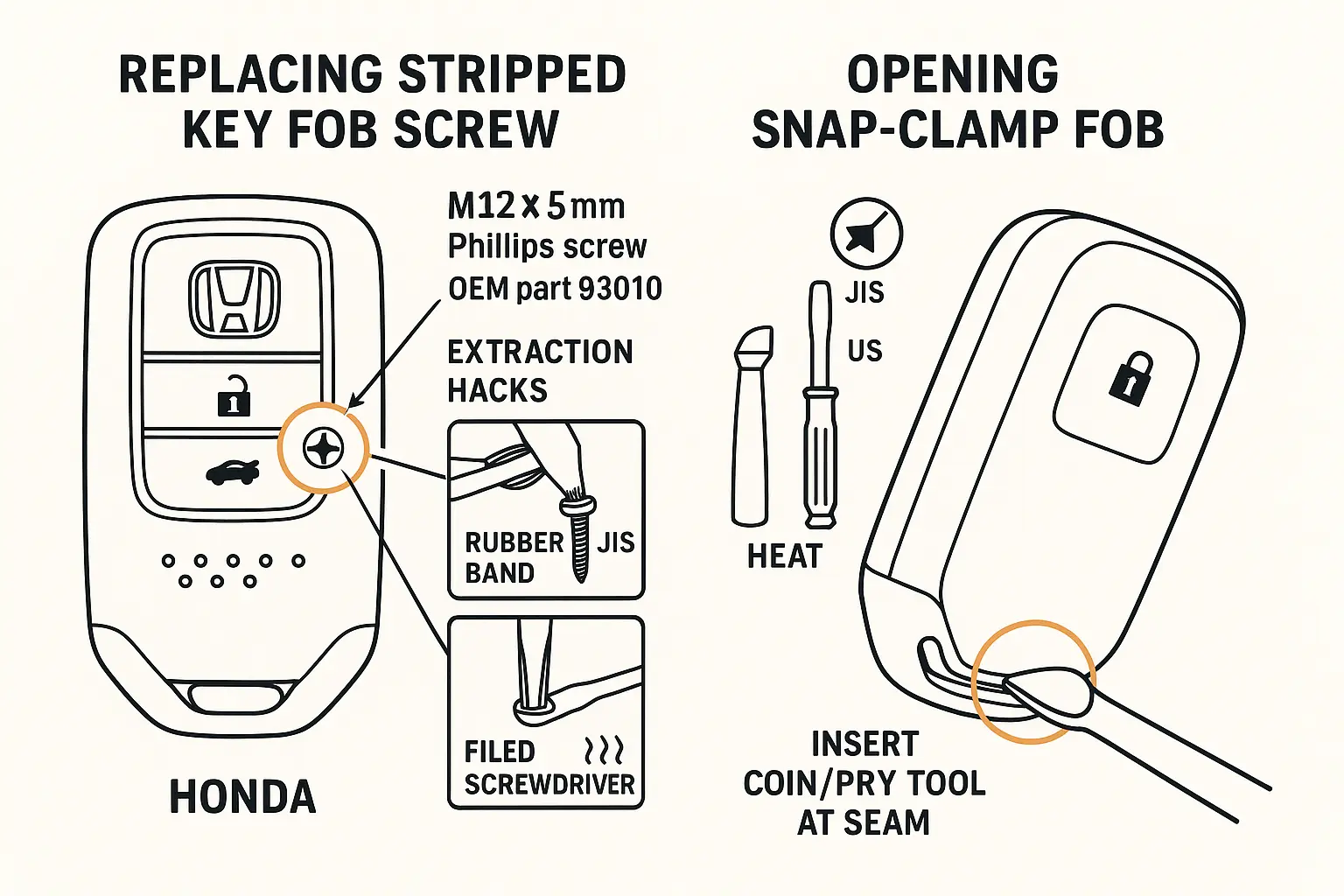 Step-by-step memory aid for rescuing stripped key fob screws and opening screwless clamp fobs safely, preventing further damage during battery changes.