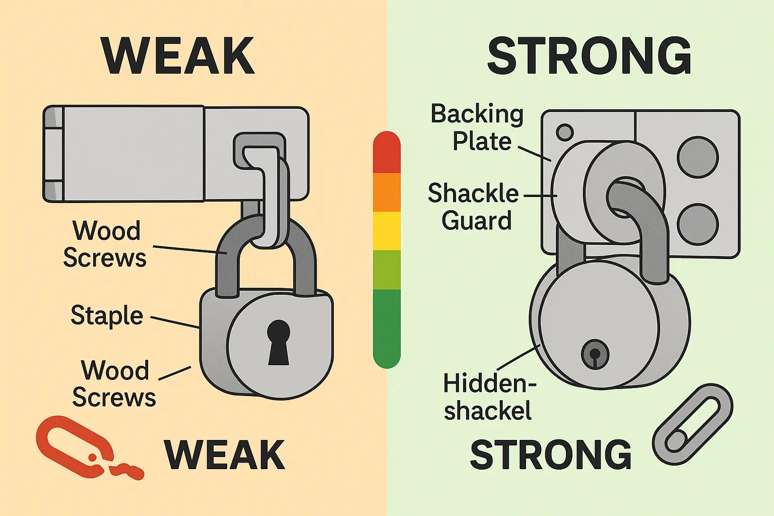 This diagram illustrates the 'Weakest Link Principle' showing why a strong padlock alone cannot secure a property if the hasp attachment is weak. Proper installation with bolt-through fixing and backing plates creates a robust security system.