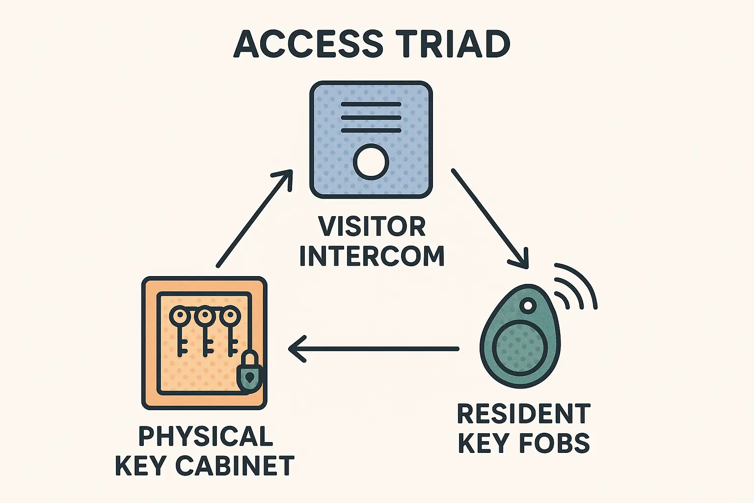 The 'Access Triad' map illustrates the three core components of apartment building entry: the visitor intercom for guest communication, resident key fobs for digital access, and physical key cabinets managing mechanical overrides—all must work together seamlessly.