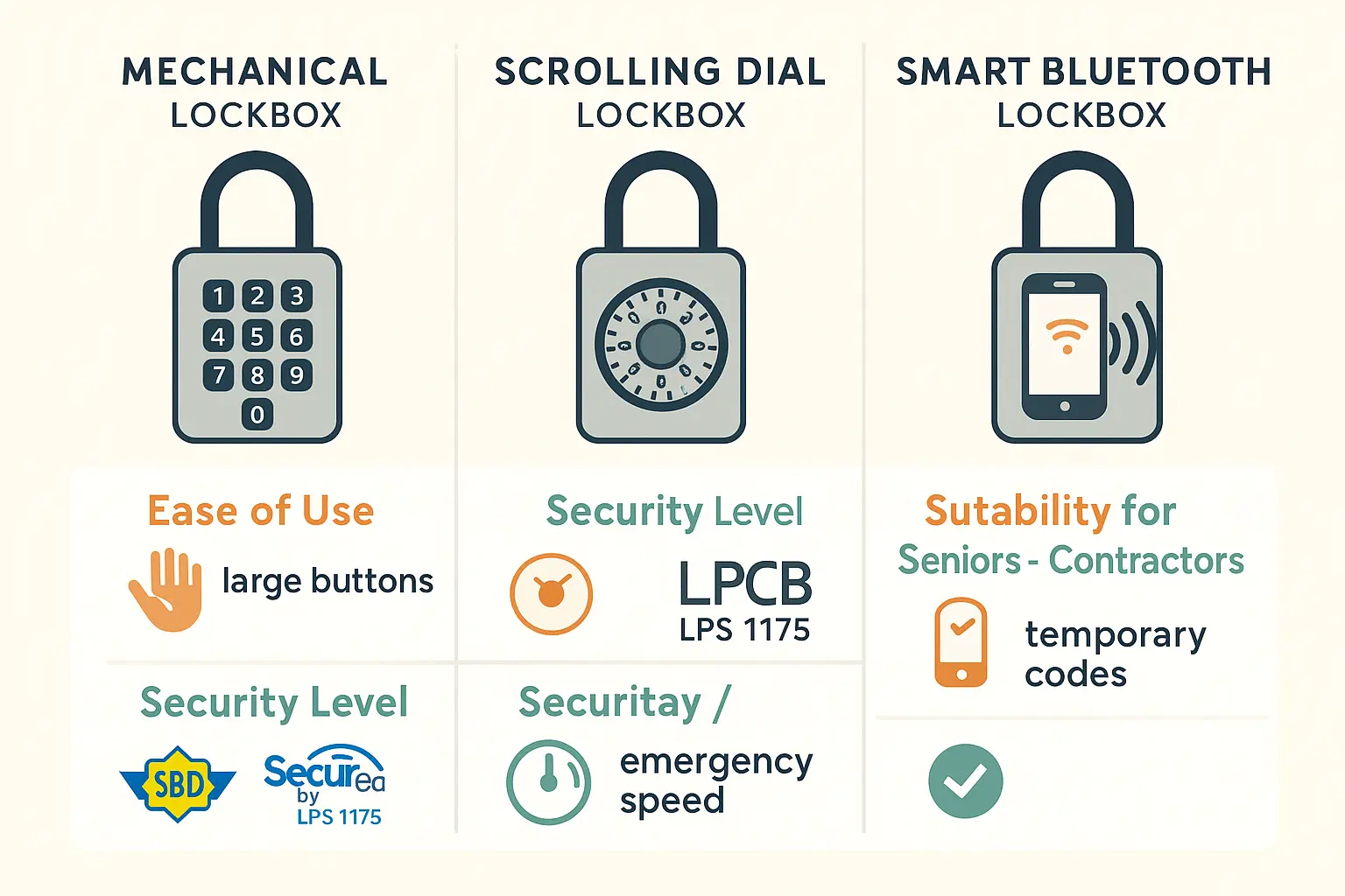 A visual comparison of lockbox types focusing on accessibility for seniors with arthritis, security certifications, and smart features that benefit caregivers and contractors alike.