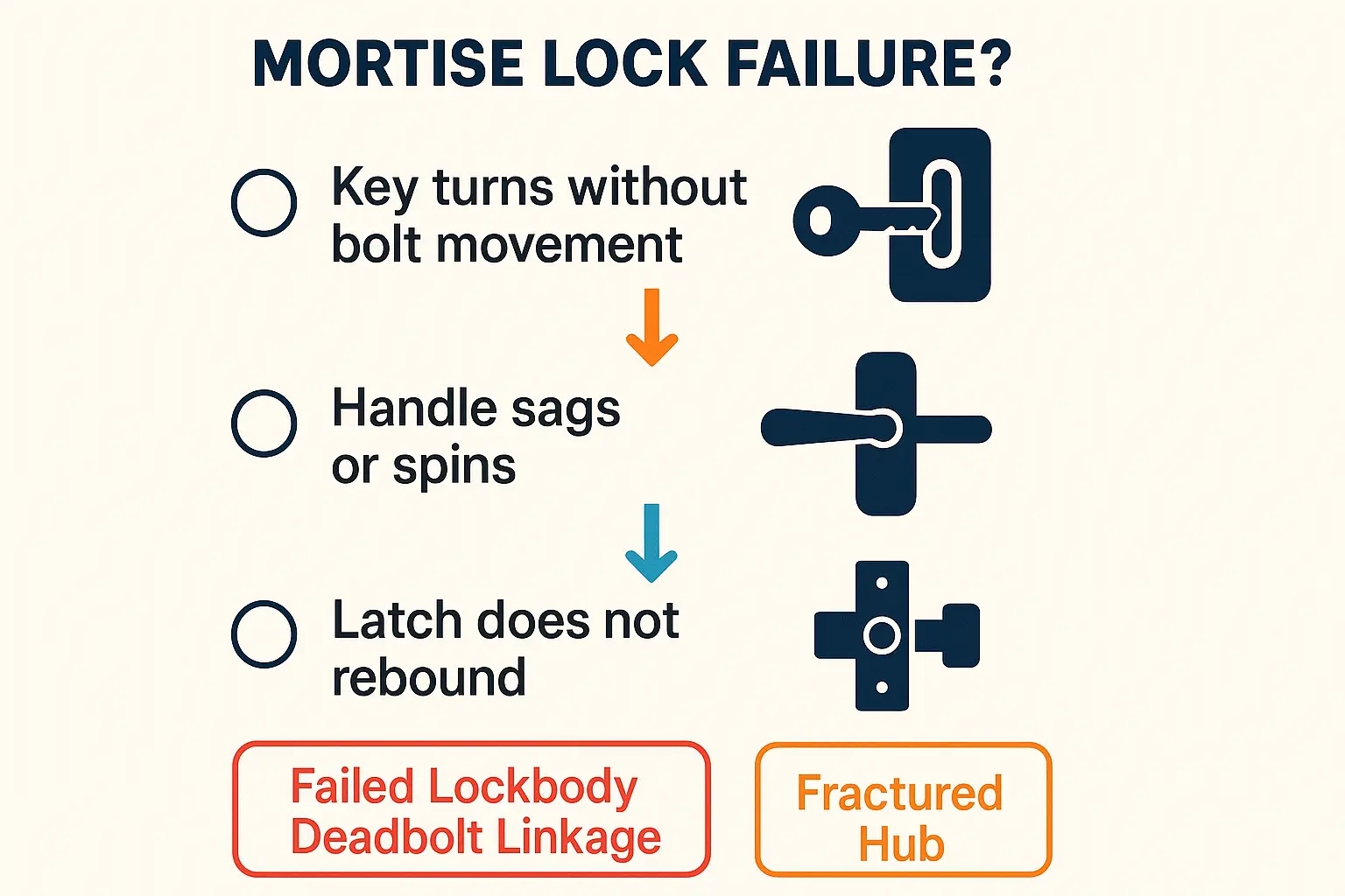This diagram visually breaks down the internal components of a mortise lockbody and highlights common failure points like cracked zinc-alloy hubs and broken springs, clarifying mechanical reasons for lock malfunction.