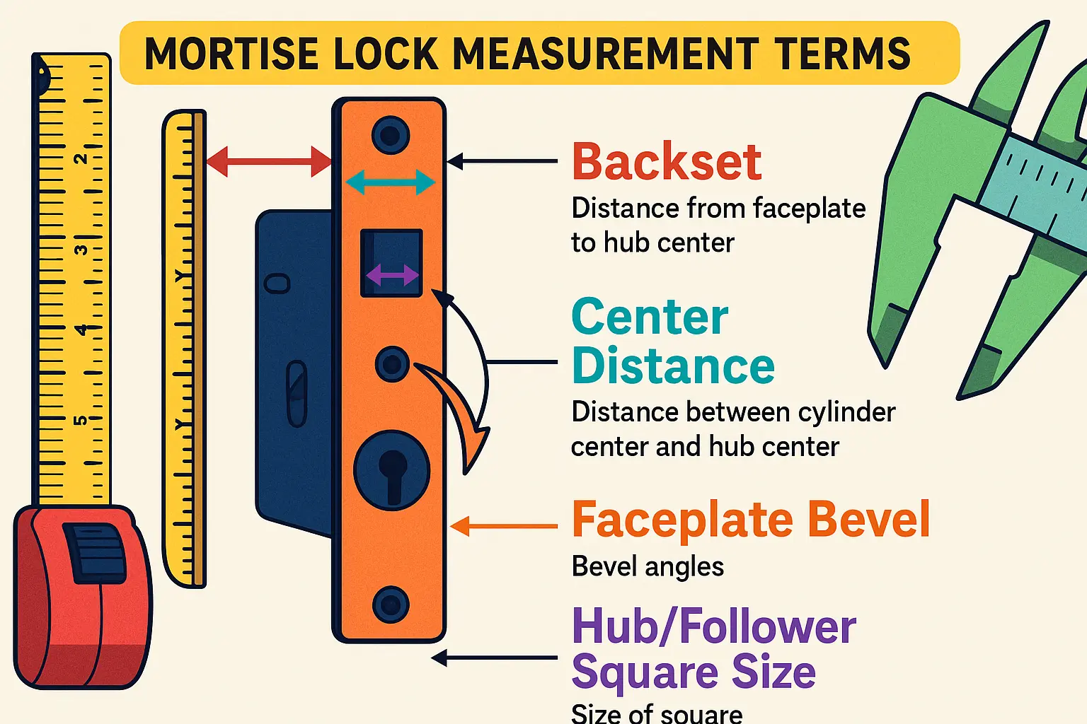 This diagram helps readers memorize and accurately measure critical mortise lock dimensions to avoid costly replacement errors and product returns.